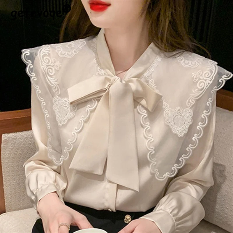 Fashion Korean Sweet Chic Blouse Women Bow Neck Chiffon Shirts Long Sleeve Lace Embroidery Blouses Vintage Elegant Female Tops