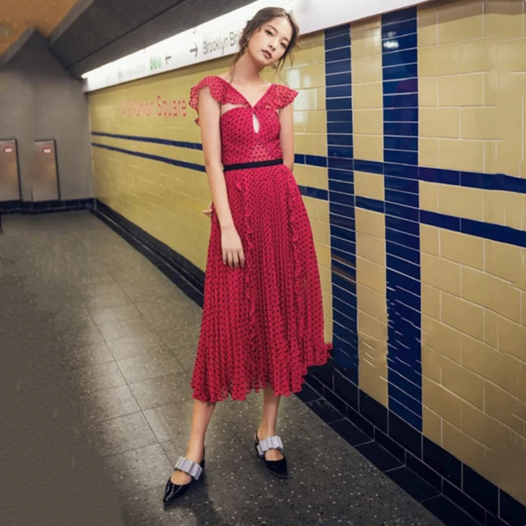 

Women's Dot Print Hollow Out Strapless Ruffles Pleated Red Midi Dress