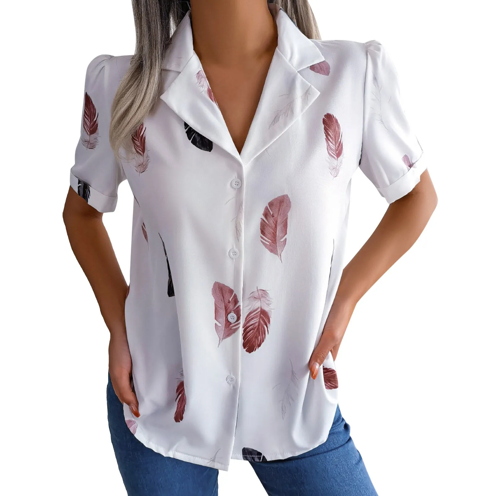 

Women's Pleated Puff Sleeve Tops Summer V Neck T Shirts Button Shirts Work Wear European American Style Business Breathable