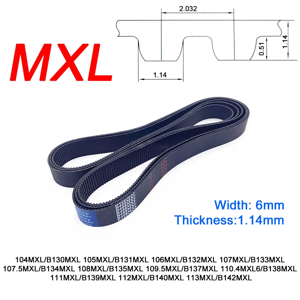 

1Pc Width 6mm MXL Rubber Trapezoid Tooth Timing Belt Pitch Length 104/105/106/107/107.5/108/109.5/110.4/111/112/113 Inch Closed