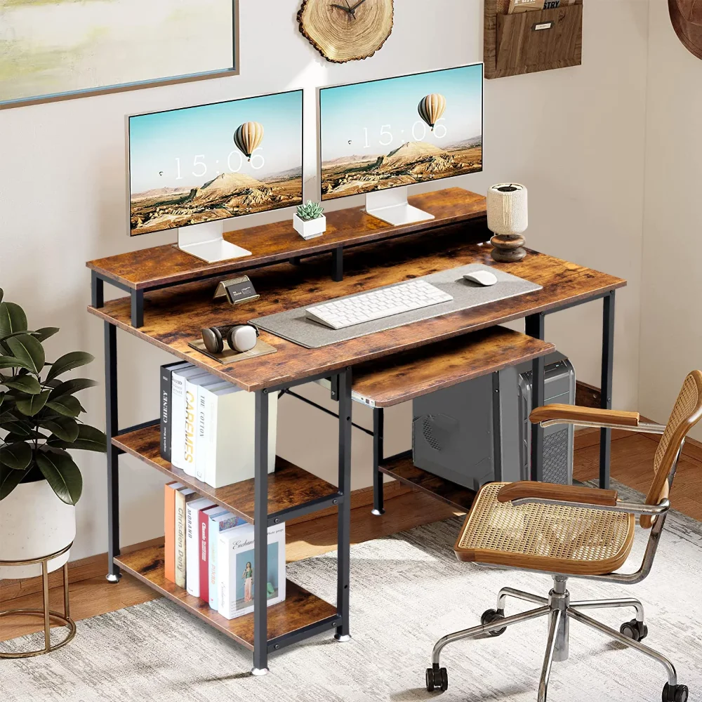 

47 inch Computer Desk , Home Office Desk with Shelves and CPU Stand, Studying Writing Table for Home Office, Vintage Brown