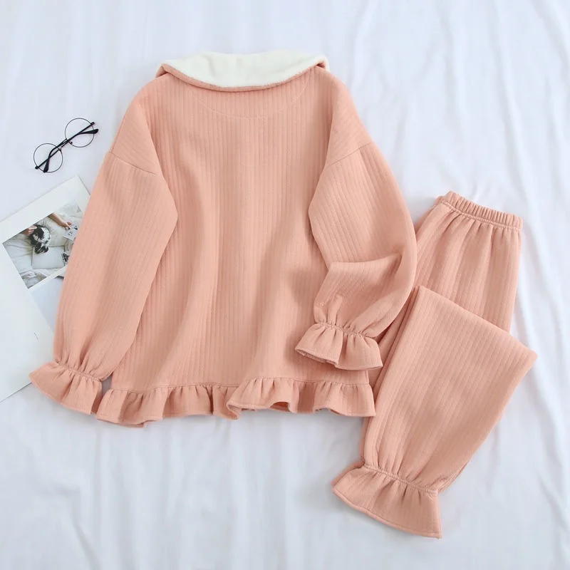 QWEEK Cotton Pajamas Women Doll Collar Flared Sleeves Pijamas Ruffled Pocket Embroidery Pyjamas Autumn Winter Sleepwear Homewear