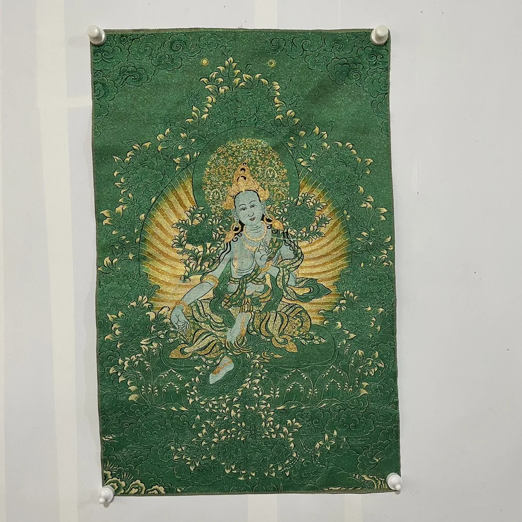 

35"Thangka Embroidery Tibetan Buddhism Silk Embroidery Green Backlight Green Tara Buddha Buddhist Niche Thangka Wall hanging
