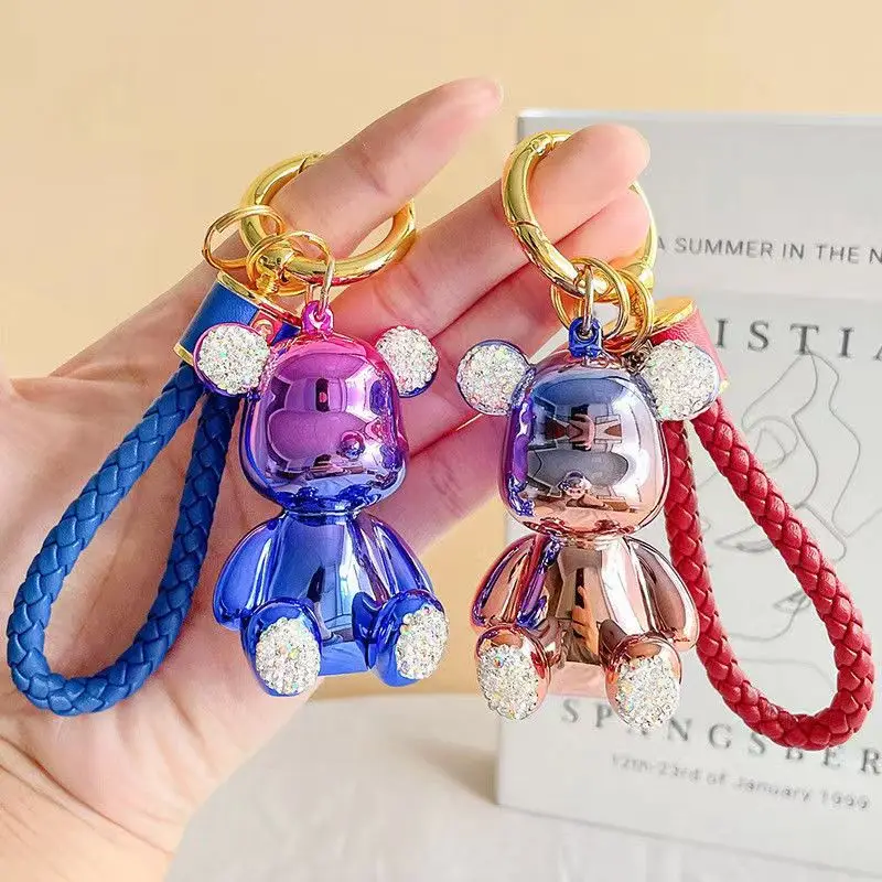 

Colorful Electroplating Bear Keychains For Women Diamond Inlaid Knitting Car Key Chain Creative Pendant Fashion Keyring Pendant