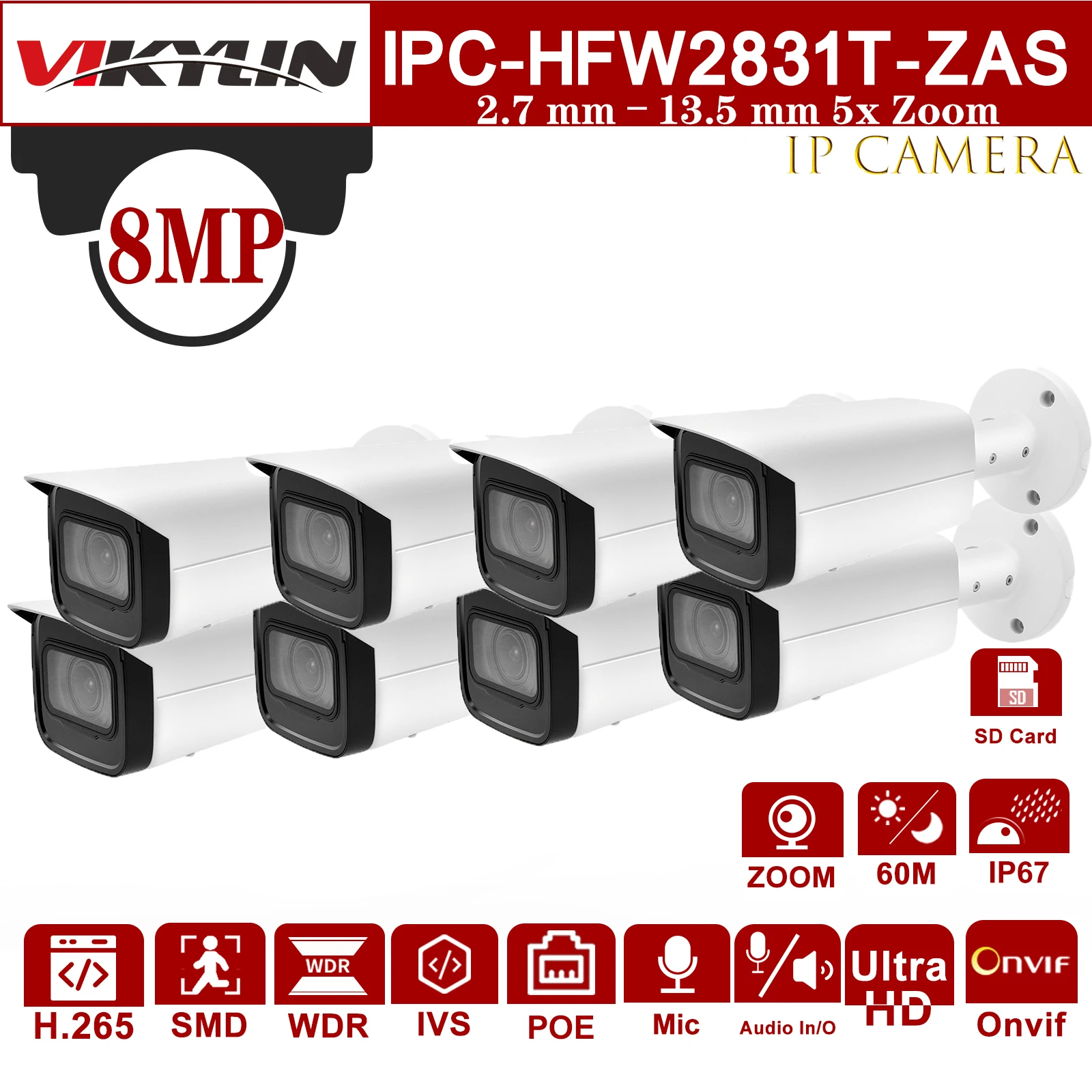 

VIKYLIN IPC-HFW2831T-ZAS-S2 Original IP Camera 8MP 4K 5X Zoom camera Starlight POE SD Card Slot Audio Alarm H.265+ 60M IR IVS