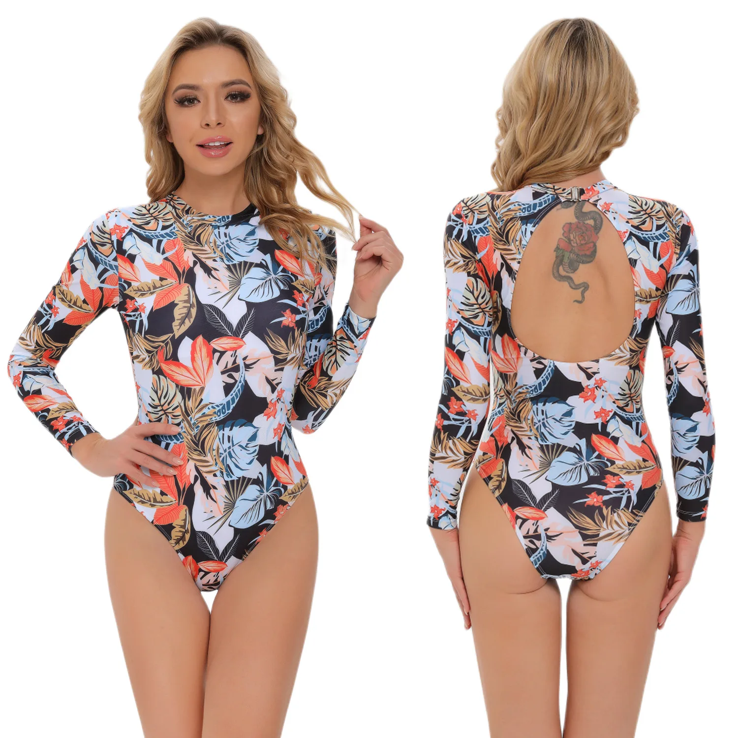 

2022 New One Piece Surf Swimsuit Women Floral Print Long Sleeve Zipper Swimwear Female Monokini Cut Out Beachwear Bathing Suit