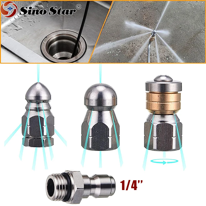 Sewer Jetter Nozzle for Pressure Washer Stainless Drain Cleaning Tips Power Washer Button Nose&Rotating Flat &Drain Jet 5000psi