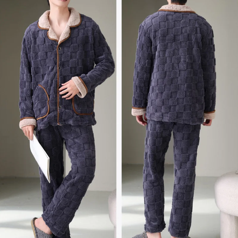 

2PCS Men Winter Thickened Coral Fleece Pajamas Trousers Warm Leisure Flannel Nightwear Set Long Sleeve Plaid Jacquard Cardigan