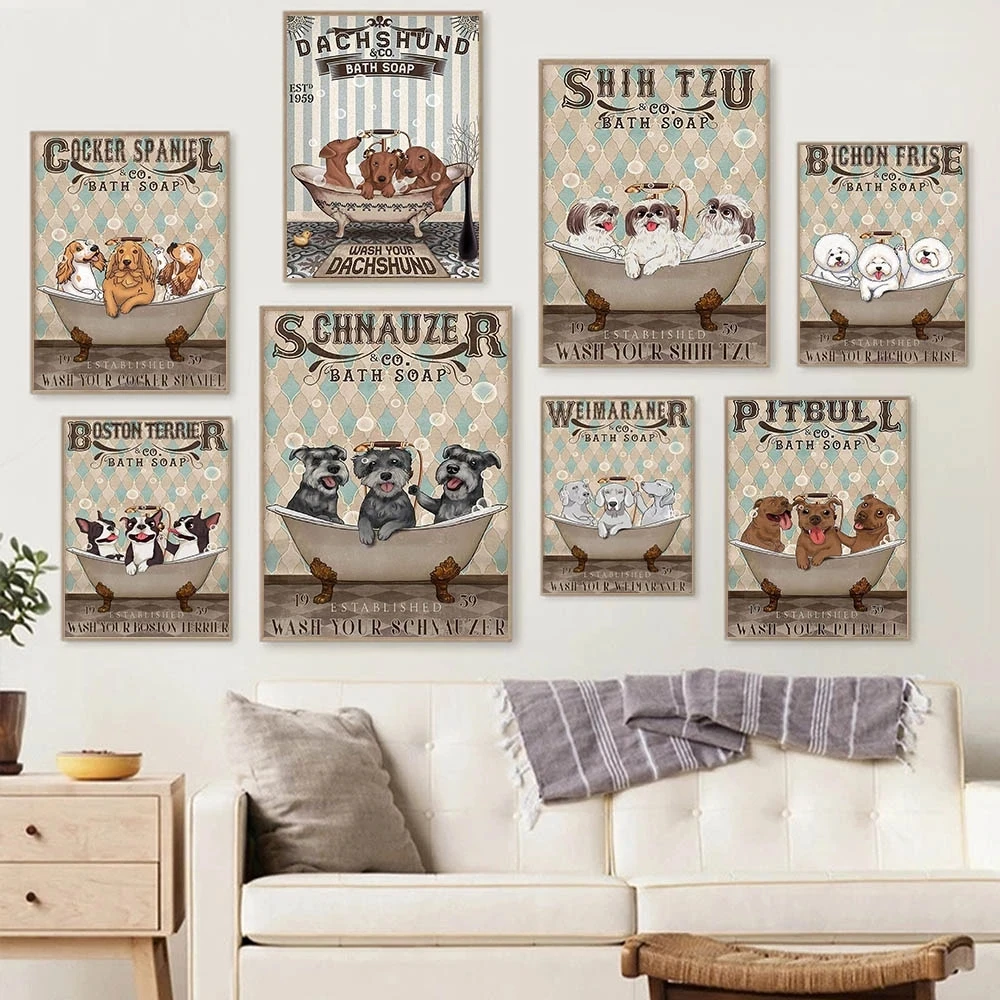 Картина на холсте три собаки в ванной