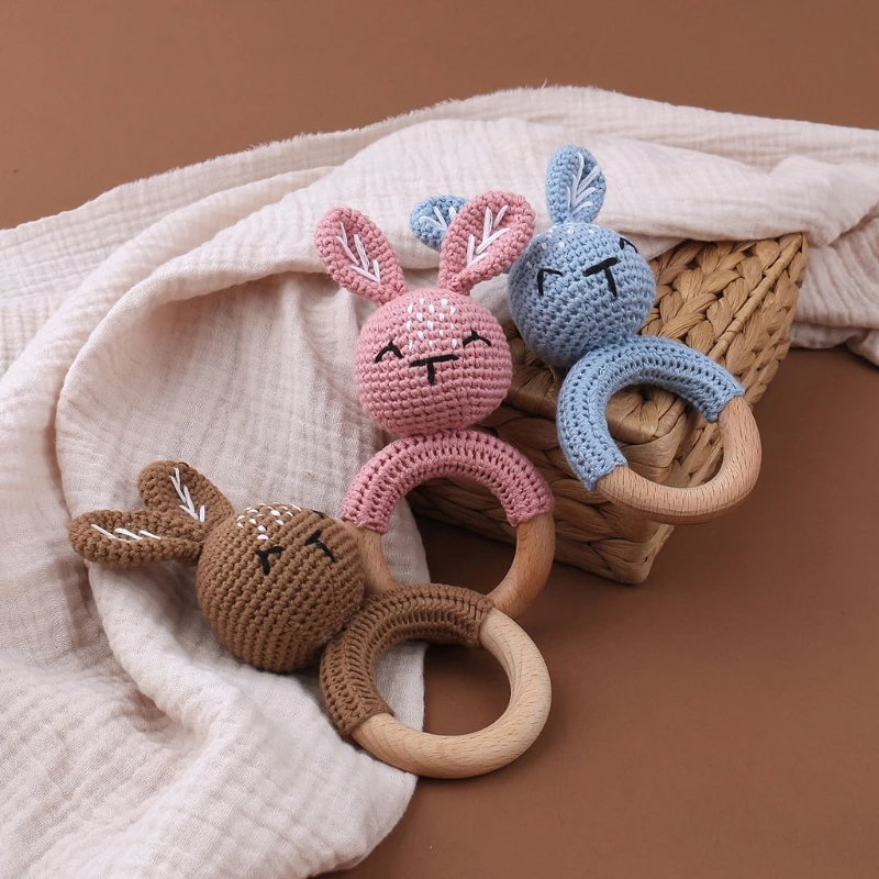 

Baby Teether Wooden Ring Cotton Thread Crochet Animal Rattle Knitted Hand Bell