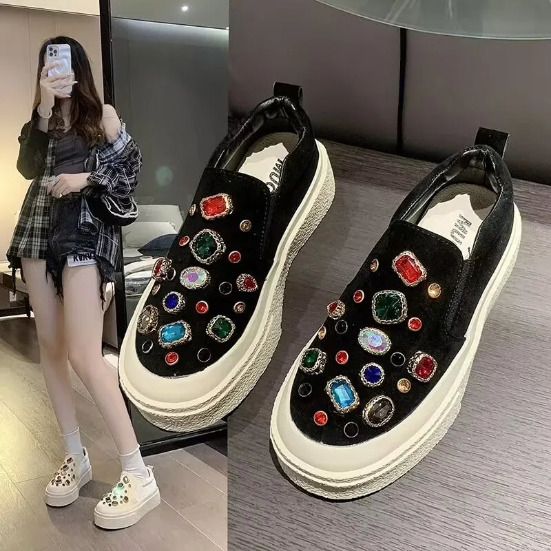 

Hand-made low-top canvas shoes with thick soles inside increase colorful rhinestones leisure sports large size women's 35-40