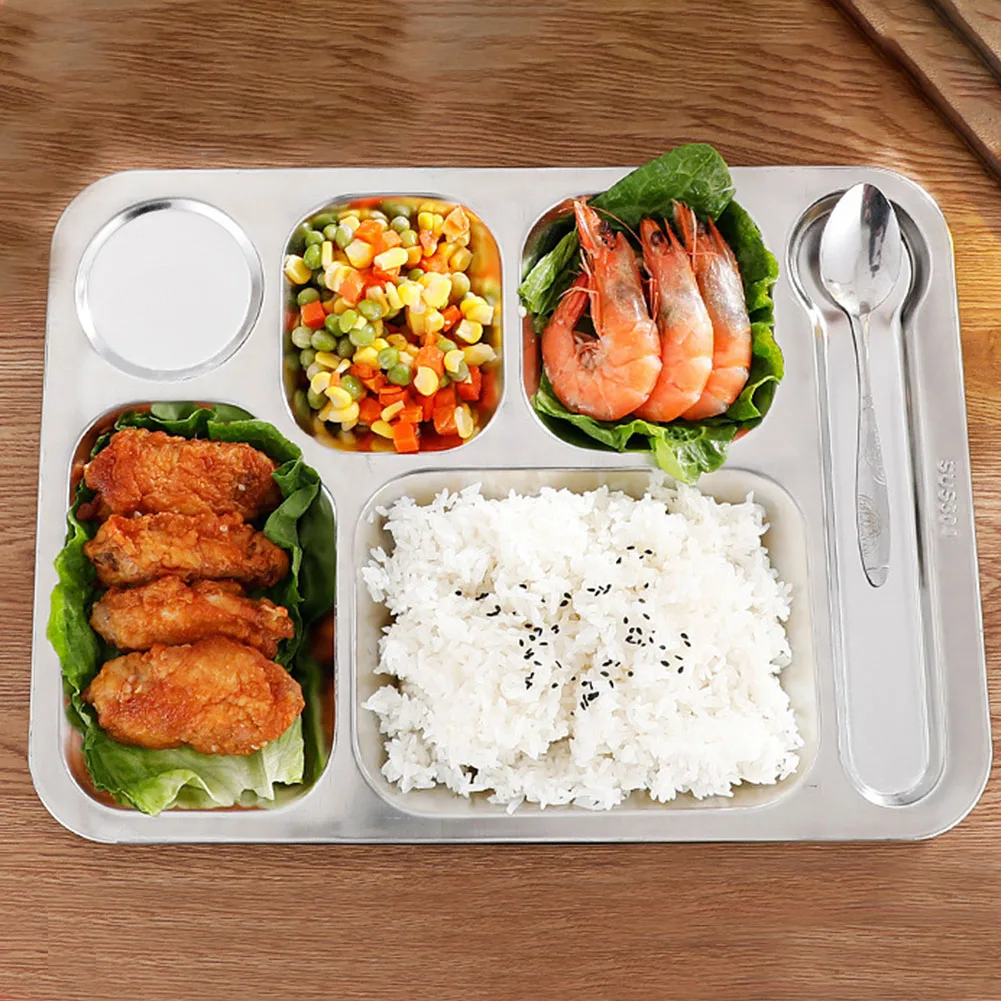

Stainless Steel Divided Dinner Tray Lunch Container Food Plate For School Canteen-Kindergarten Picnics Camping