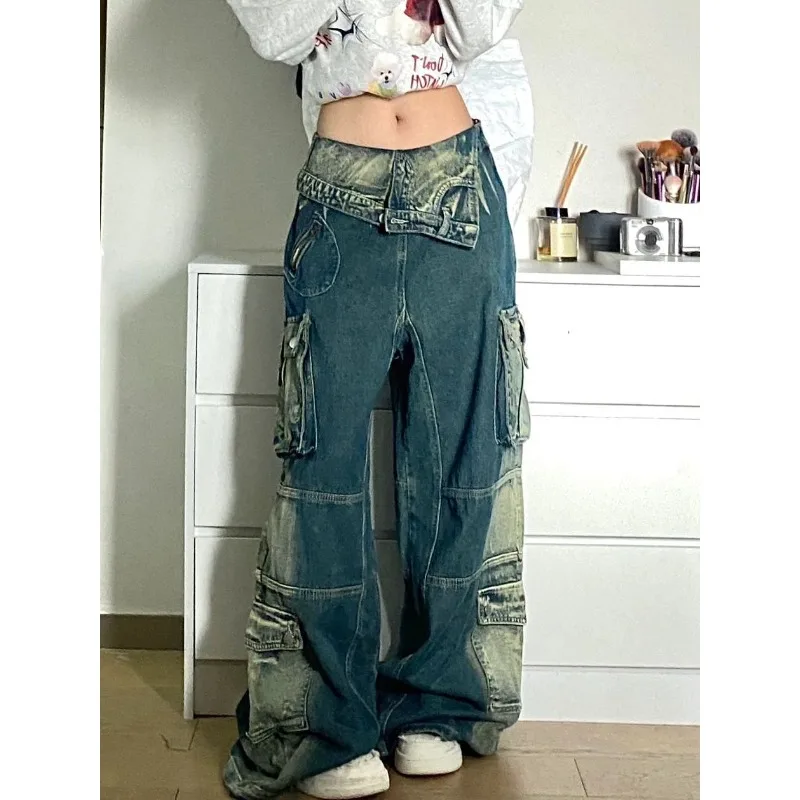 

Deeptown Y2k Vintage Cargo Jeans Women Baddies Streetwear Baggy Wide Denim Pants Grunge Gyaru Hippie Trousers 90s Aesthetic Kpop