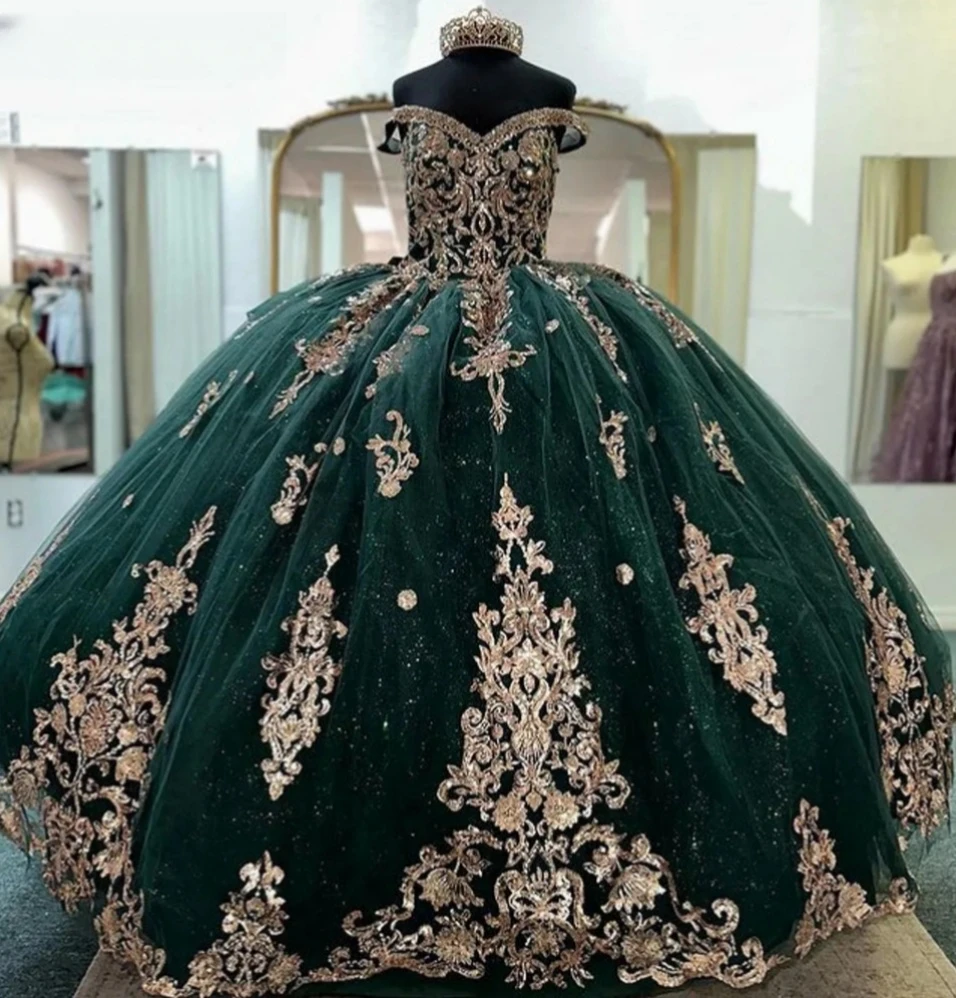 Green Charro Quinceanera Dresses Ball Gown Off The Shoulder Tulle Appliques Mexican Sweet 16 15 Anos Customized