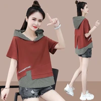 hooded short sleeve t shirt womens summer new loose plaid stitching fake two piece top oversized t shirt womens shirt