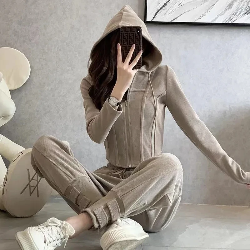 

Slim Hoodies Crop Top Sweatpants Two Piece Set Jogger Chic Khaki Women 2023 New Autumn Winter Korean Trend Trousers