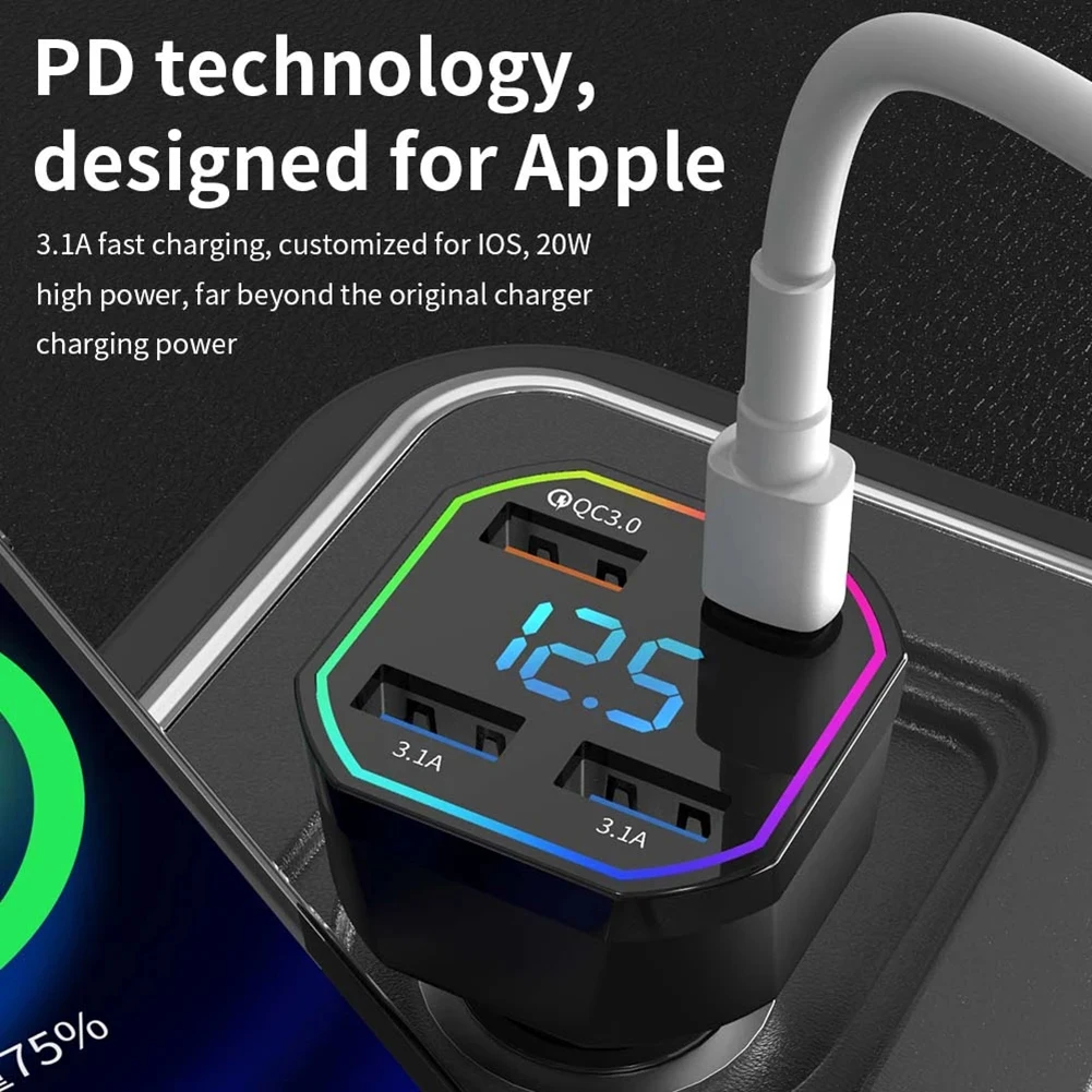 

66W USB Car Charger 12V/24V Phone Fast Charger for Car 4 Port PD QC3.0 Type C Charger Adapter for iphone Xiaomi Huawei Samsung