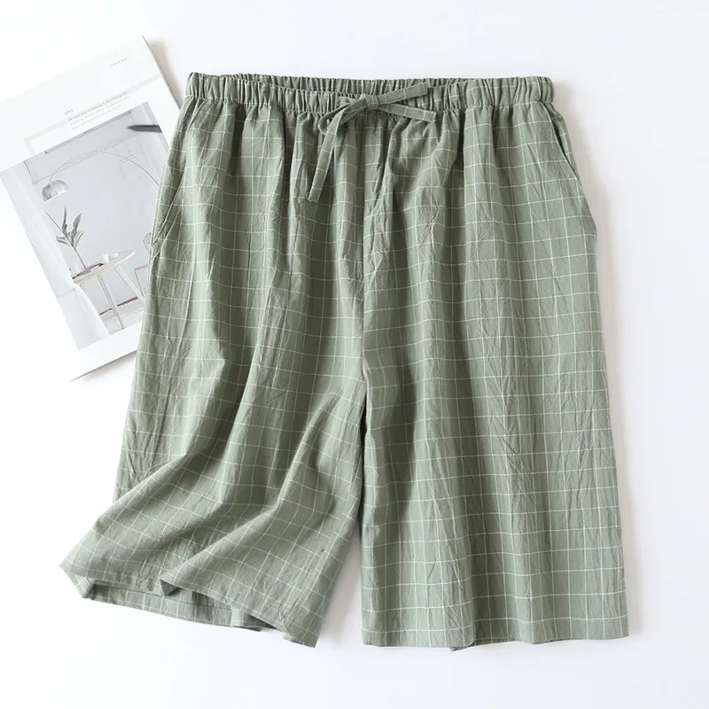 Summer Plaid Mens Sleep Bottoms Nightwear Loose Cotton Sleeping Pants With Pockets Men Leisure Knee-length Sleep Shorts Homewear