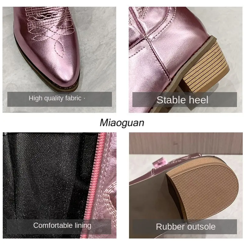 Gold Mid-calf Boots Woman Side Zipper Silver Pointed Western Cowboy Boots Retro Fashion Black Boots Plus Size 36-43 Women Boots