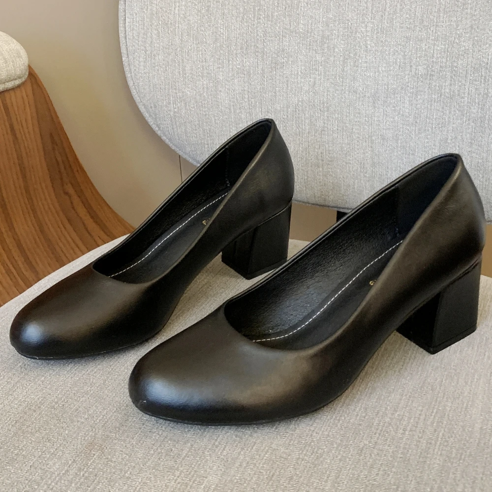 

New Spring Autumn Fashion Women Square High Heels Round Toe Slip On Ladies Office Shoes Dress Sweet Career Elegant Pumps T0001