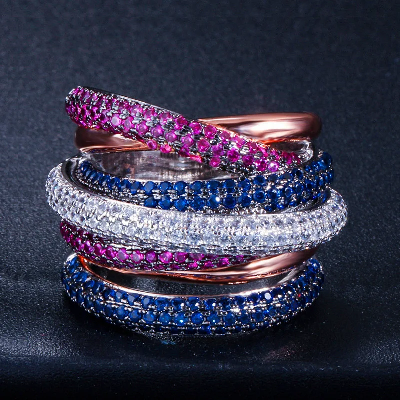 

Luxury Twist Cross Multi Layered Cubic Zirconia Large Engagement Finger Rings Dubai Bridal Famous Brand Jewelry