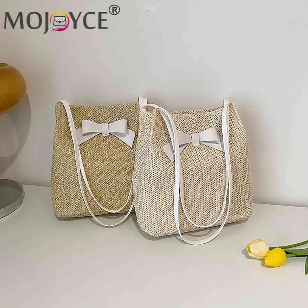 

Плетеная Сумка-тоут для женщин, пляжные богемные дамские сумочки на ремне с бантом, декоративные сумки для телефона, модная соломенная плет...