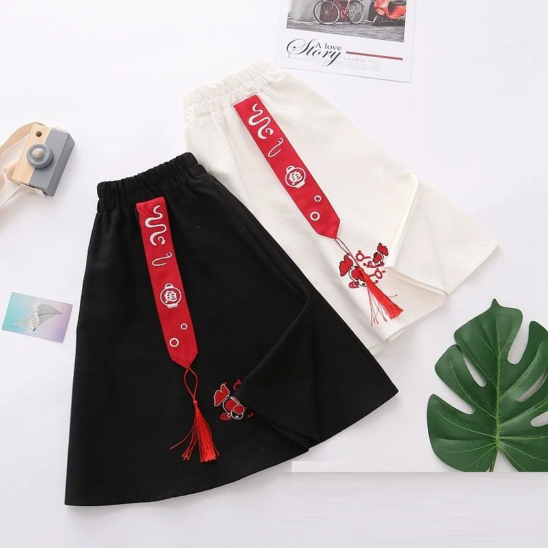 Японская Милая юбка-кимоно женская черная белая юбка с вышивкой кои винтажная