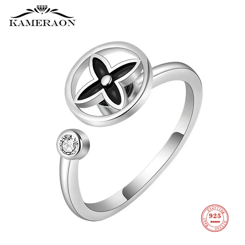 

Kameraon S925 Sterling Silver Open Geometric Rotating Clover Ring for Female Male Rhinestone Zircon Rotatable Open Ring 2022 New