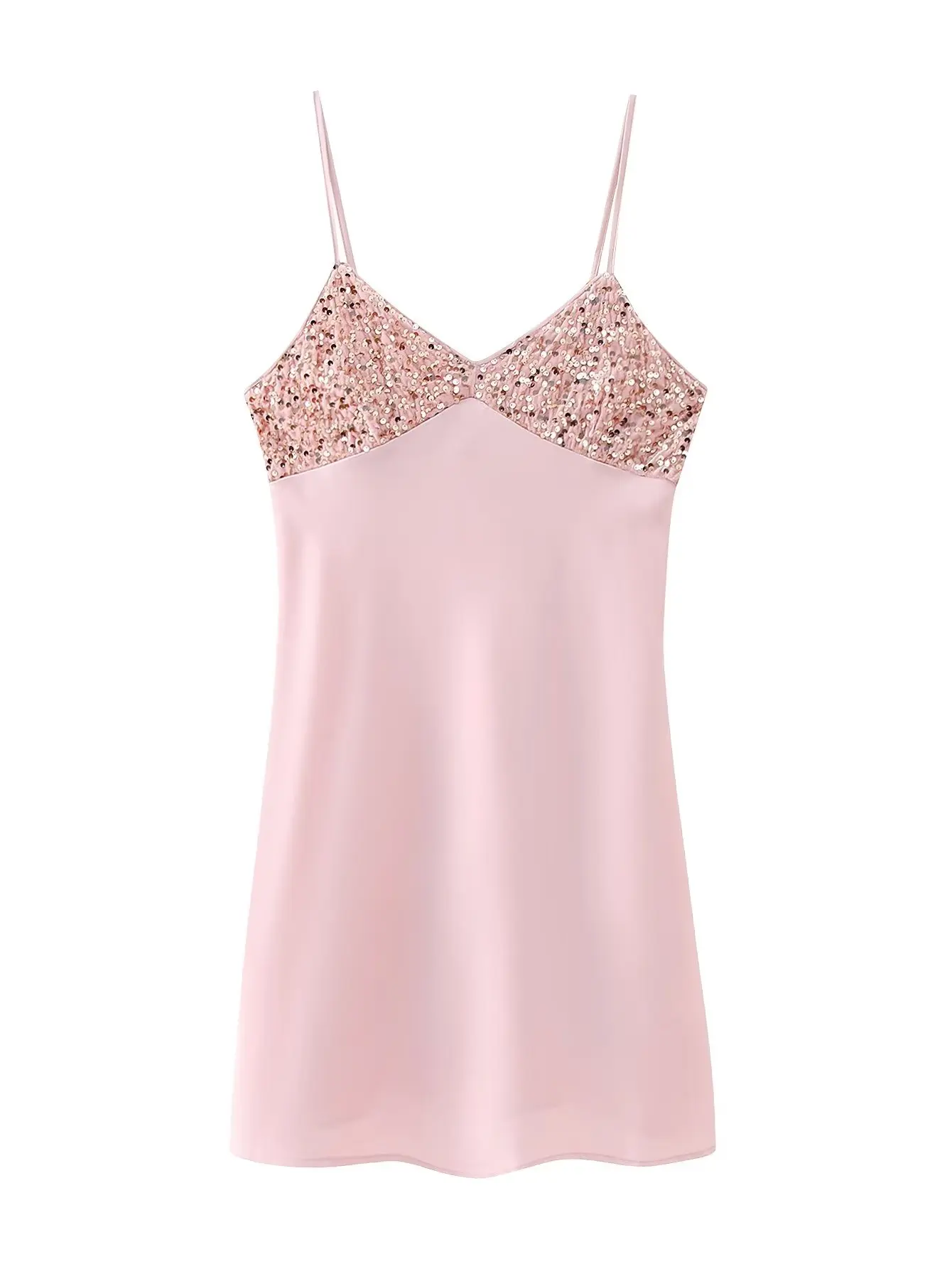 

Women's Pink Sequined Spliced Spaghetti Strap Satin Dress Summer Mini Dresses