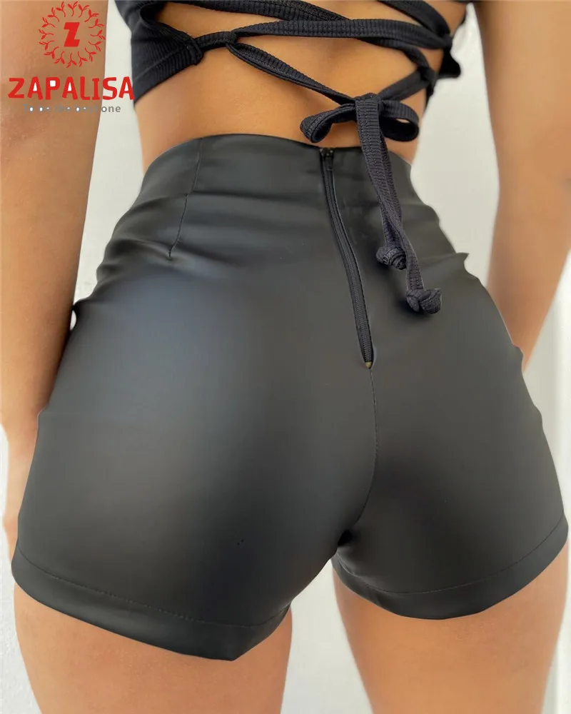 

Шорты женские летние однотонные из искусственной кожи на молнии с высокой талией