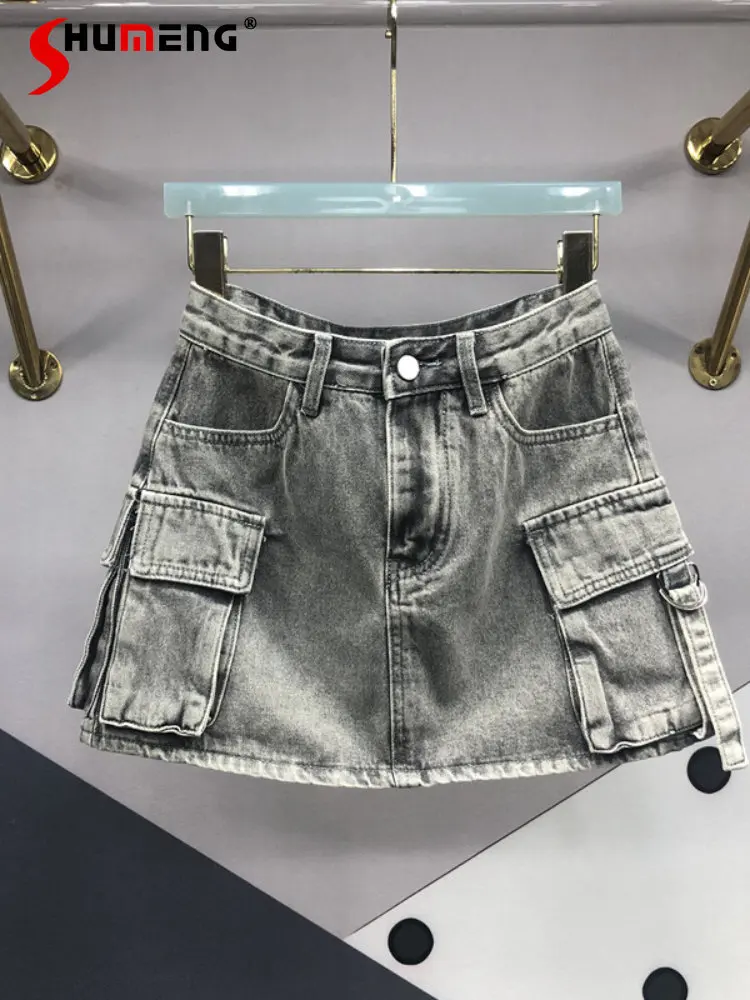 

Sexy Hot Girl Workwear mini Denim Skirt for Women 2023 Summer New Korean Style Slimming Hip Skirt Large Pocket Short Jean Skirts