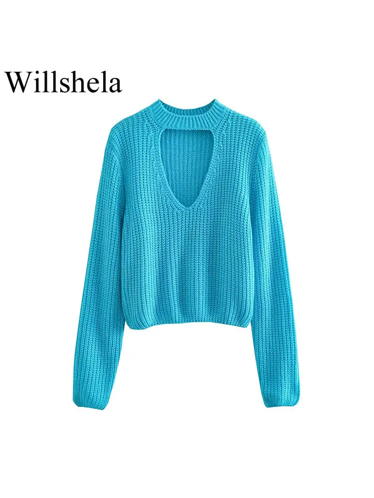 

Willshela женский модный однотонный вязаный пуловер, свитер с вырезом, винтажный круглый вырез, с длинными рукавами, женские шикарные топы