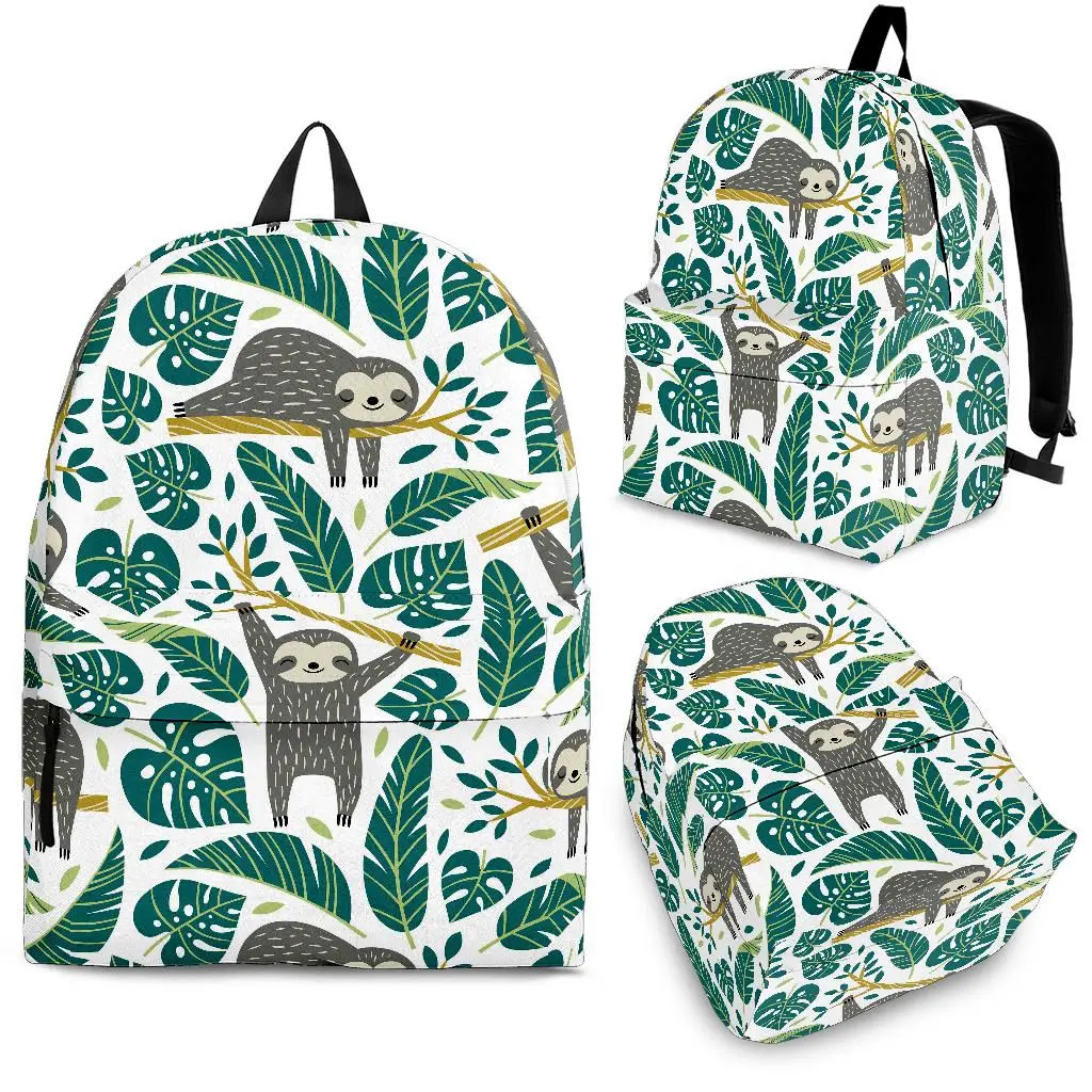 

YIKELUO Green Tropical Plant Monstera Palm Leaf Cartoon Sloth Backpack Student Laptop Backpack With Zipper Casual Travel Bag