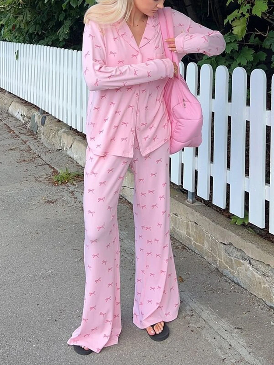 Женский пижамный комплект с бантом топы длинным рукавом и штаны одежда для сна