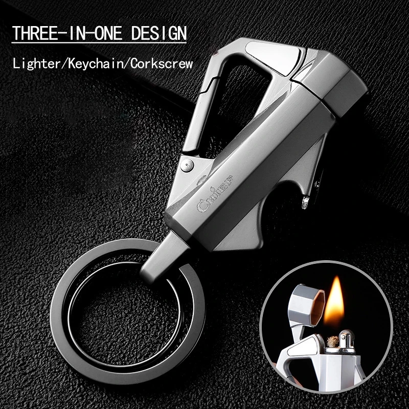 

Chief Mini Portable Keychain Outdoor Survival Tool Metal Flint Fire Starter Camping Bottle Opener Oil Different Novel Lighter