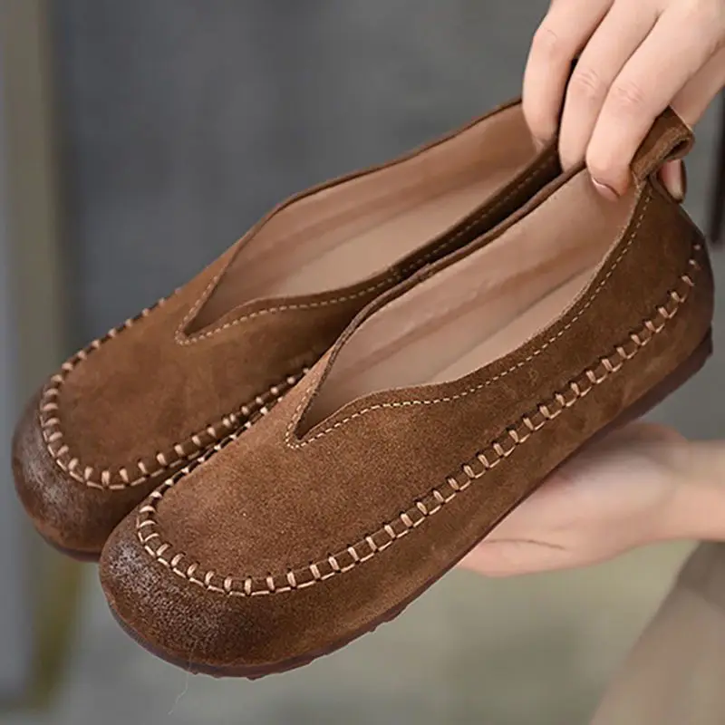 Faux Suede Leather Ballet Flats Women's Round Toe Loafers Woman V Cut Flat Shoes Female Brown Moccasins Ladies Slip On Shoes New