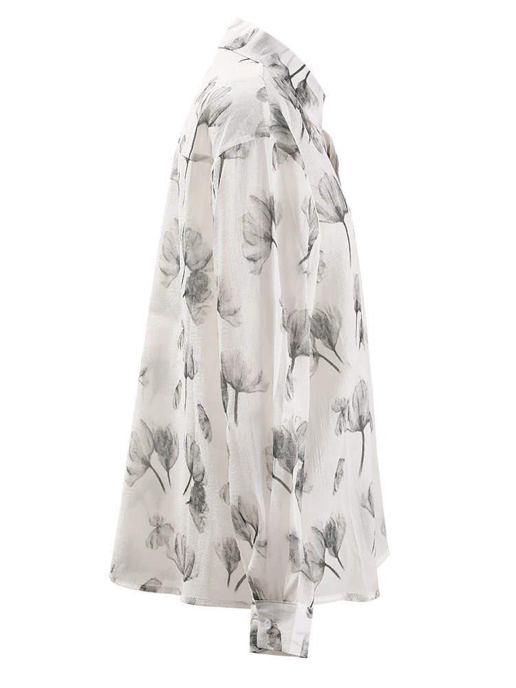 [modx] Оранжевая тонкая блузка большого размера с принтом женская новая рубашка