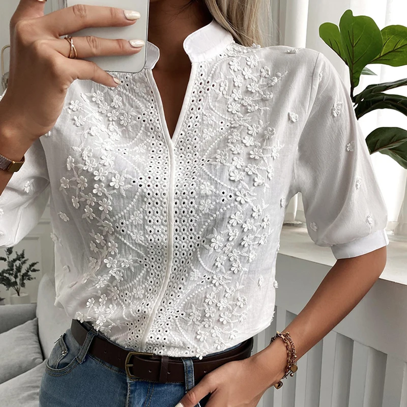 

White Blouse Women Summer Fashion V-shape Stand Collar Short Sleeve Floral Embroidery Top Ladies Casual Hollow Out Loose Shirts