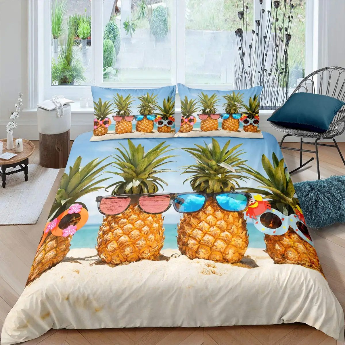 

Pineapple Duvet Cover Set King Size Yellow Geometric Pineapple Bedding Set Seaside Beach Theme Fruit Printed Comforter Cover