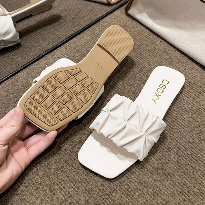 Pleated Women Slippers Summer 2023 New Flat Outdoor Slippers For Women Flip Flops Green Non-Slip Sandals Trend Big Size 42