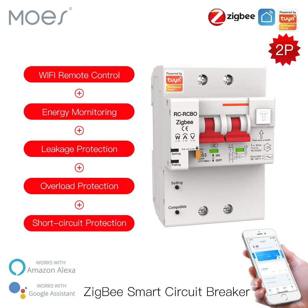 

ZigBee Smart Circuit Breaker Leakage Protection Energy Monitoring 2P/4P Overload Short Circuit Protection Smart Life App Alexa