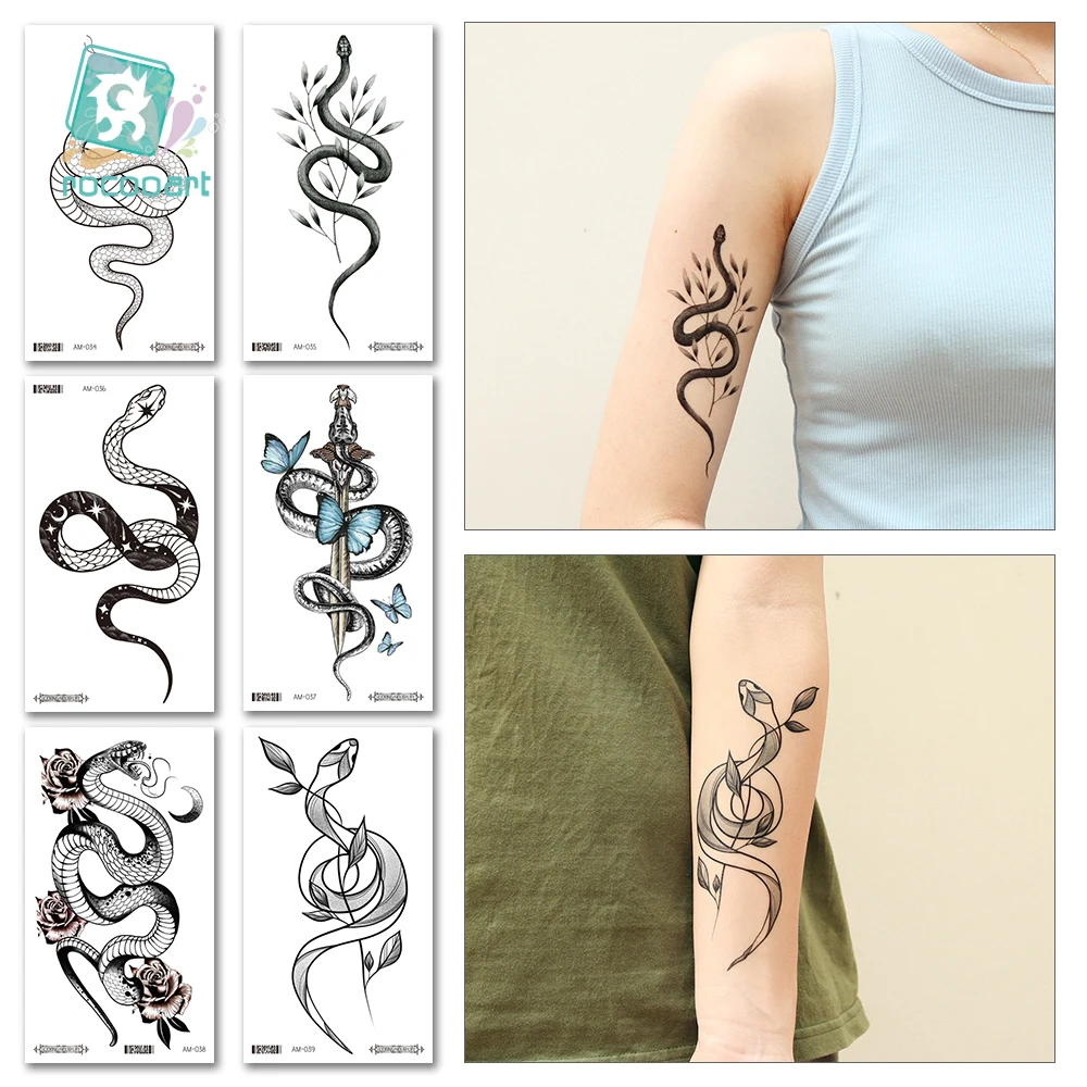 Черная змея Временные татуировки наклейки для женщин и мужчин тело талия