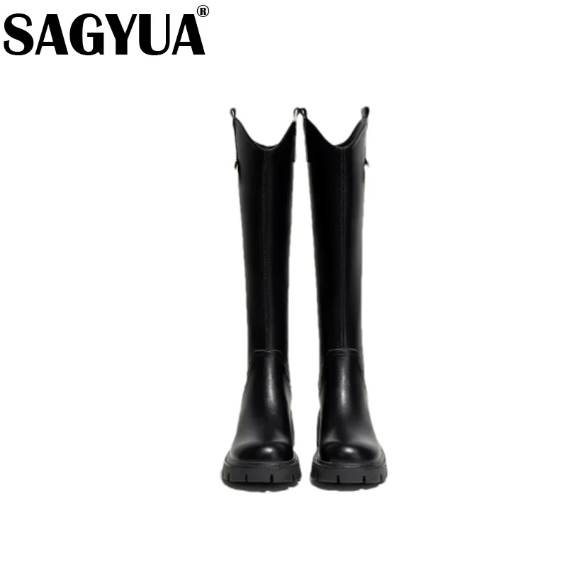 Женские сапоги до колена кожаная обувь на среднем каблуке зимняя брендовая 2025