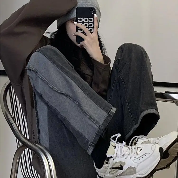 

ZCSMLL 2021 Autumn Winter New Korean Ins Students Retro Smoky Gray Stitching Loose and Thin Straight Jeans Female Tide