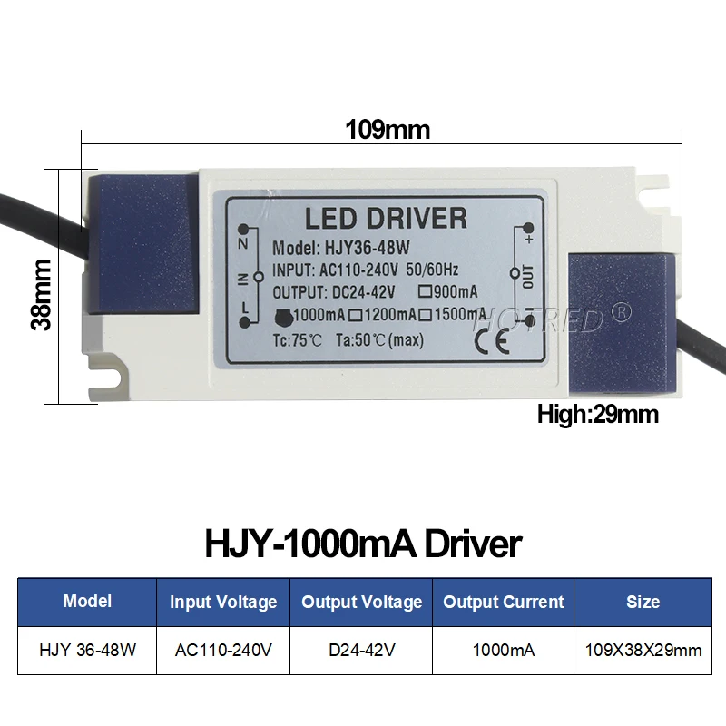 

Внешний светодиодный драйвер HotRed DC24-42V 900/1200/1500mA