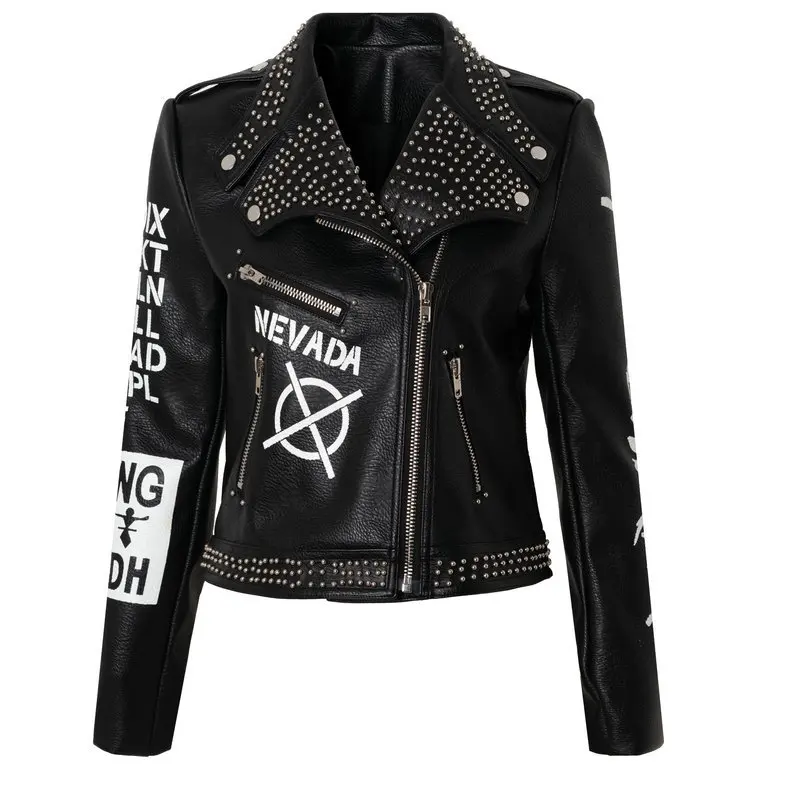 Ladies autumn and winter new hot selling street rock punk fun girl graffiti print colorblock rivet leather jacket spot