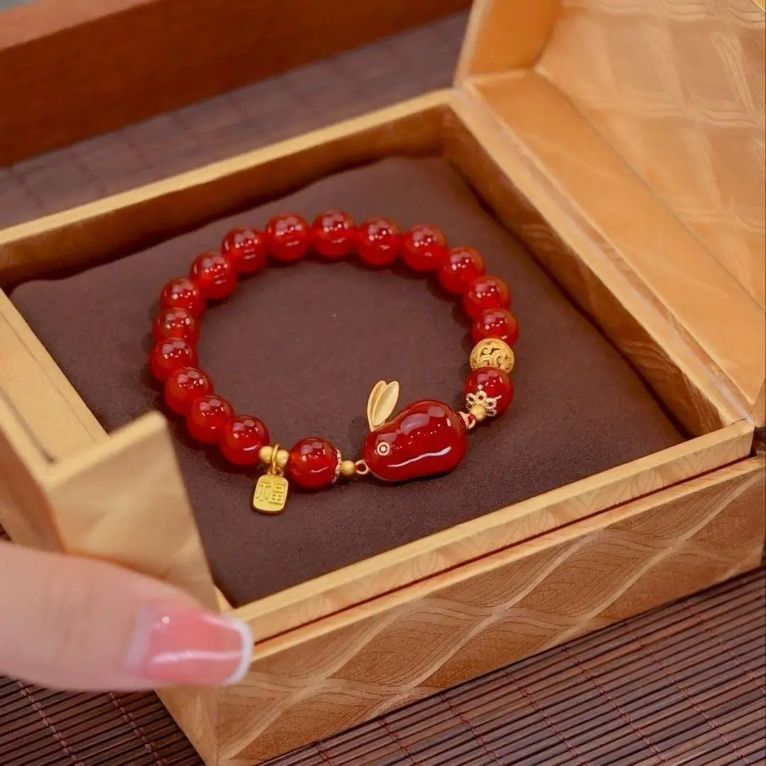 

Милый красный кролик, натуральный агат, Нефритовый кролик, вышивка для женщин, браслет на удачу, кролик, год, Прямая поставка