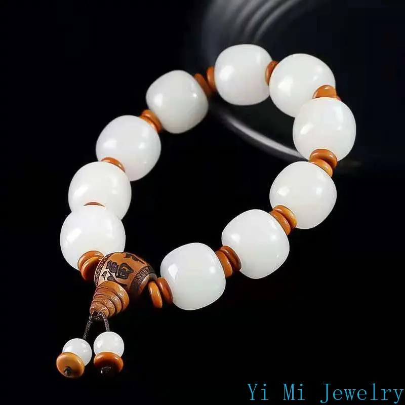 

100% натуральный браслет из белого нефрита Hetian, ручная работа, нефритовые бусины, браслет для женщин и мужчин, Нефритовый подарок, диаметром 16 мм