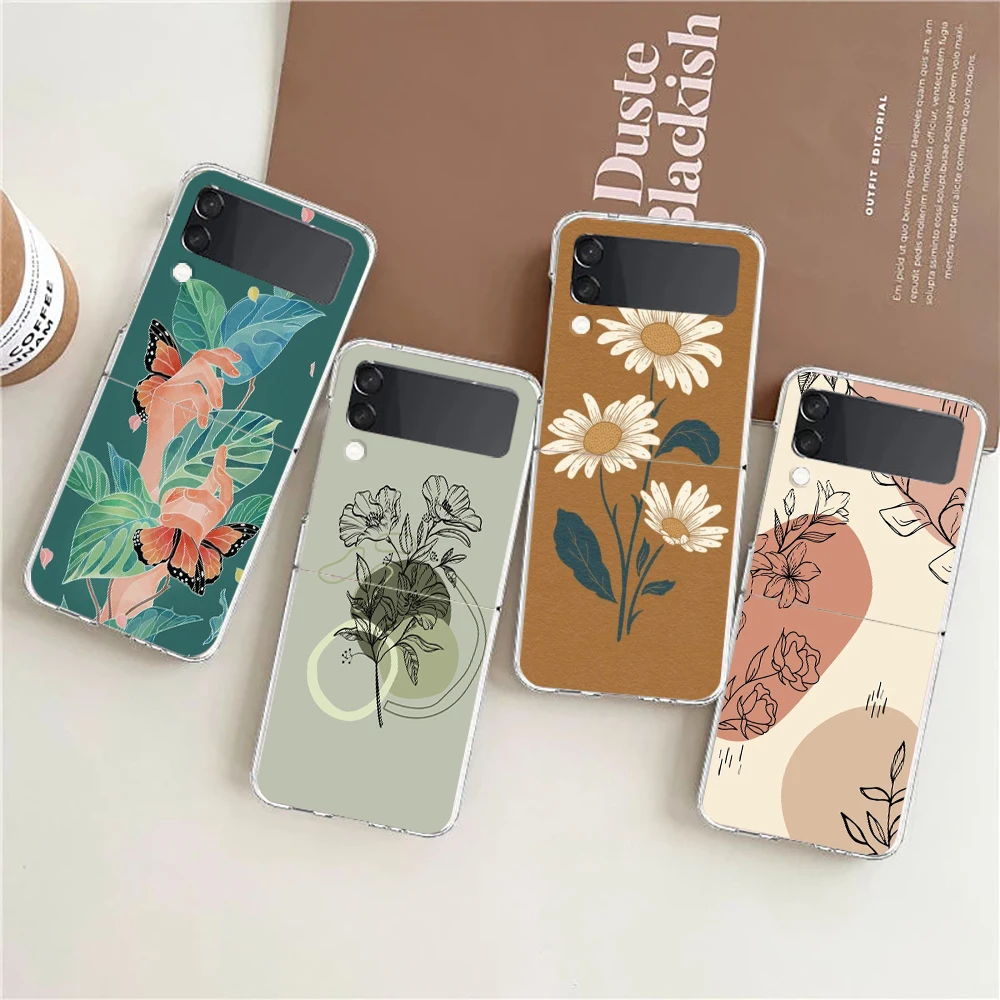 

Line Art Sketch Flower Girl For Samsung Galaxy Z flip 4 Bag Transparent Phone Cover For Galaxy Z Flip 3 Case Shockproof Hard PC