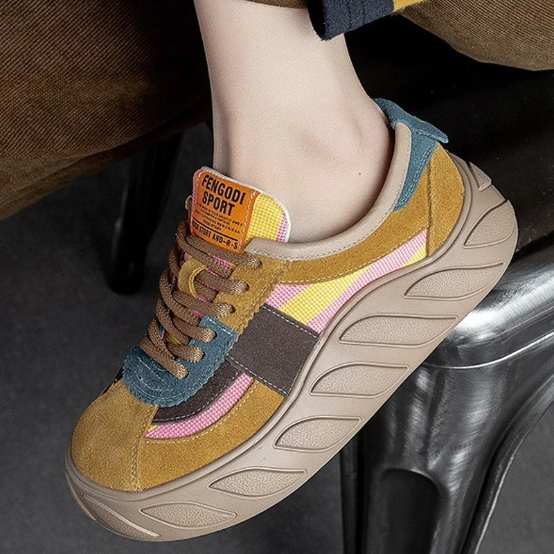 Mixed Colors Flats Comfy Shoes Women Sneakers Genuine Leather Lace-up 2023 New Fashion Handmade Leisure Platform Vulcanize Shoes